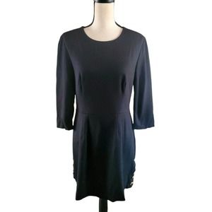 Trina Turk Black Stretch Knit A-Line Above Knee Dress Gold Button Detail Sz S